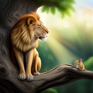 A photorealistic mouse and a lion looking at each other while sitting on a tree